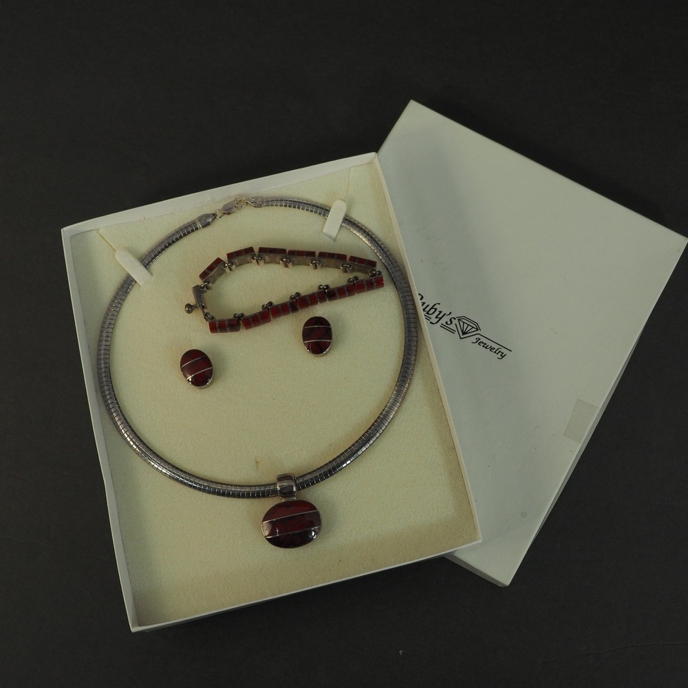 Mexico 925 Sterling Silver Red Jasper Inlay Omega Necklace Bracelet Earrings Set
